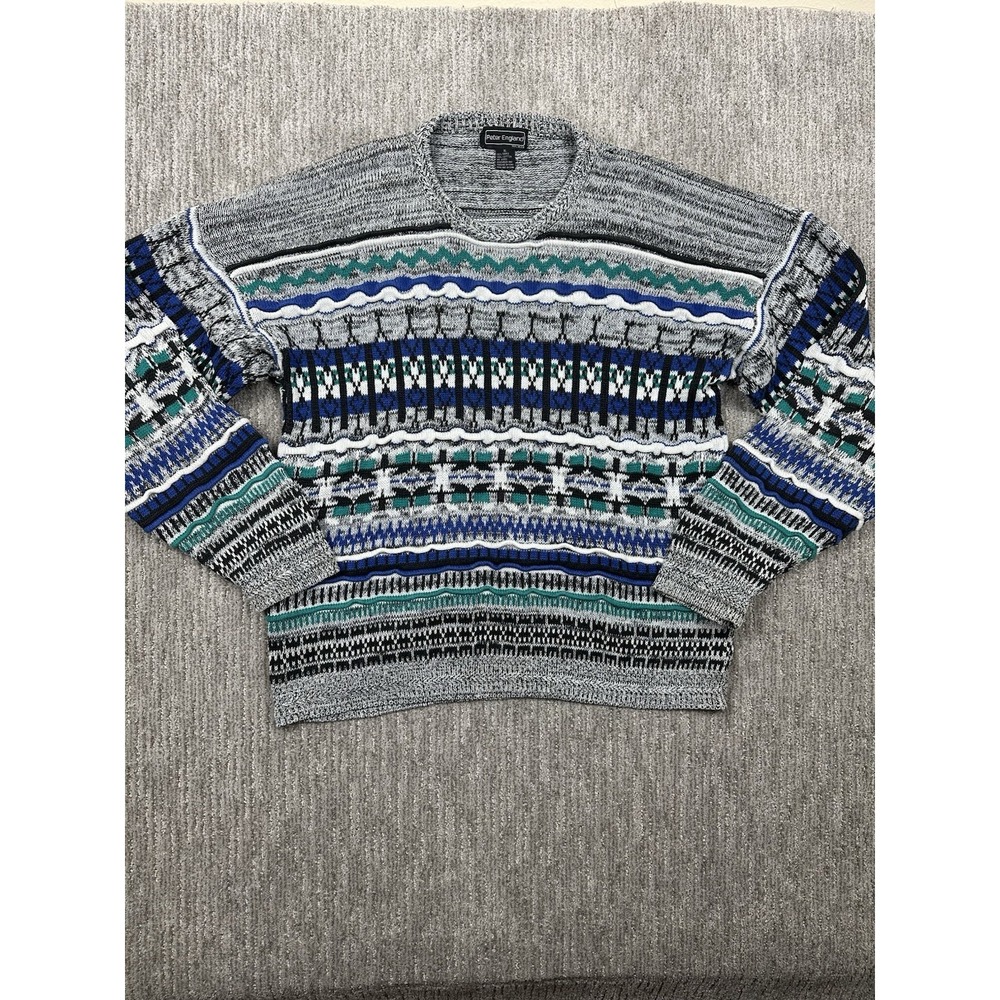 Vintage Peter England Sweater Mens XL Blue Multi 3D Textured Grandpa Cosby